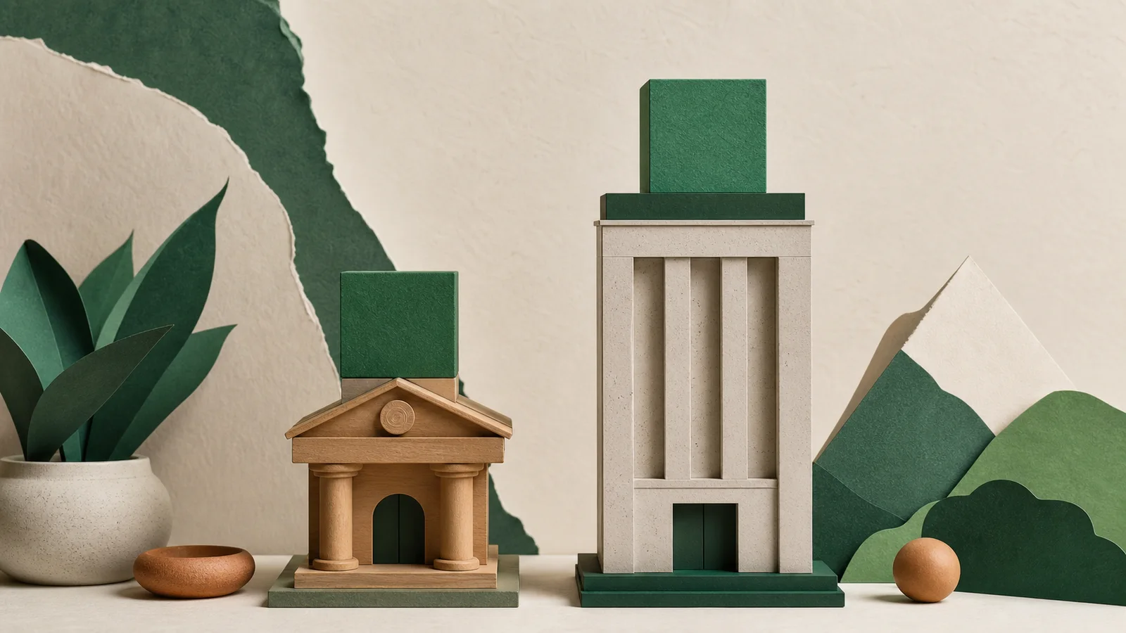 Dos estructuras financieras de papel y madera en equilibrio para representar cajas municipales y bancos