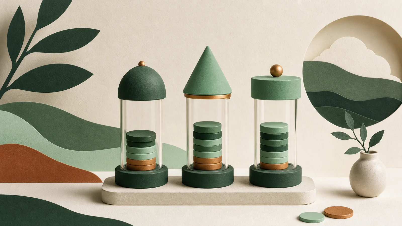Tres columnas geométricas de ahorro en tonos emerald y mint para comparar opciones de CTS