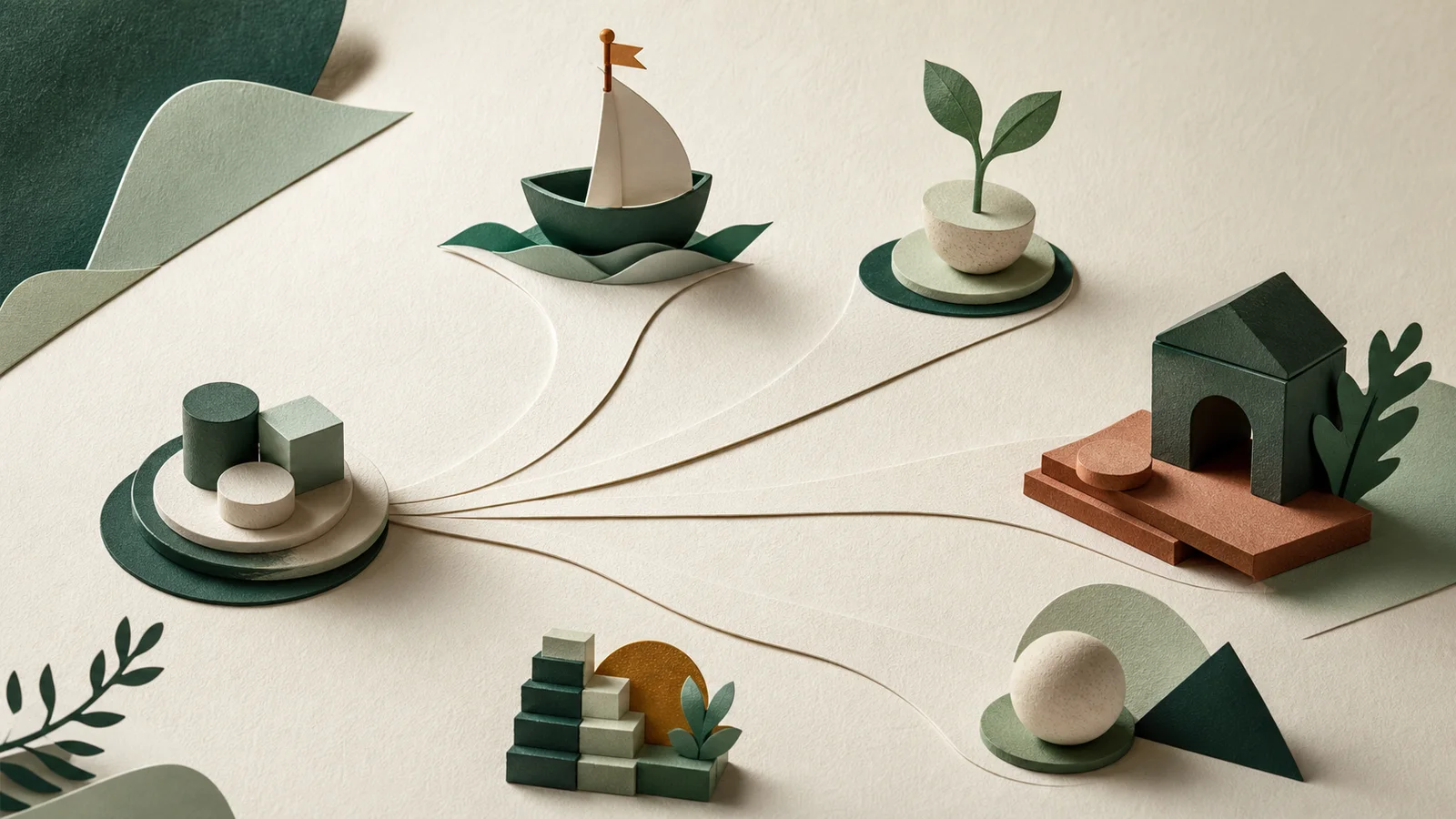 Cinco caminos de piezas geométricas que salen de un pequeño fondo de ahorro sobre papel peruano