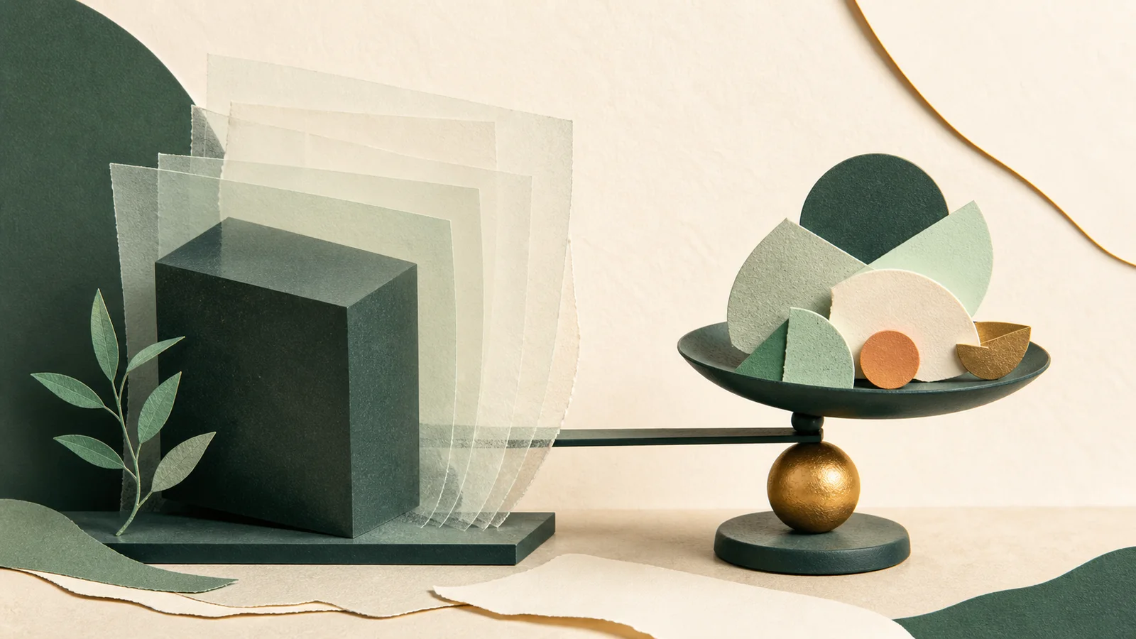 Capas de piezas de papel y una balanza abstracta para representar el costo total de un préstamo