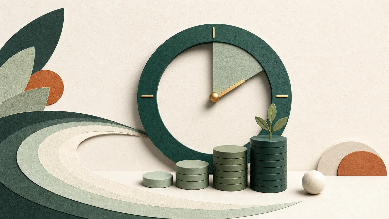 Reloj circular y piezas de ahorro en composición geométrica para representar una tasa efectiva anual