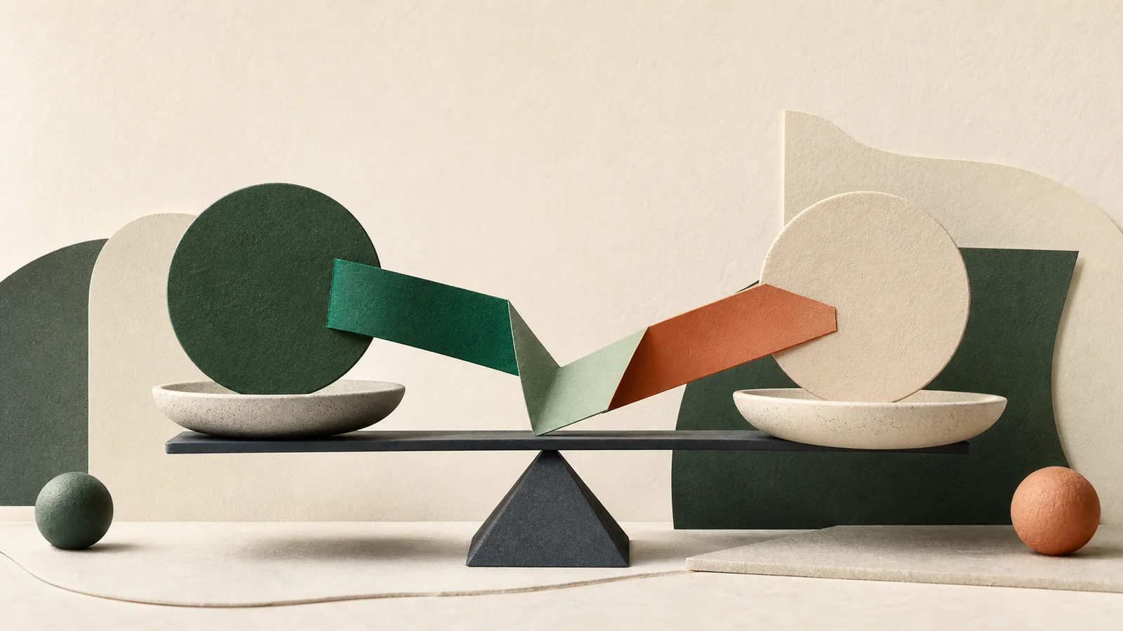 Dos discos abstractos en emerald y terracotta conectados por una balanza para representar soles y dólares
